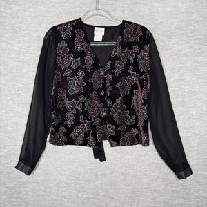 Bentley Womens Shirt Top Size M Crushed Velvet Button Up Sheer Sleeve Whimsygoth